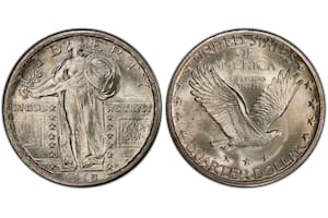 La serie de monedas de 25 centavos conocidas como "Standing Liberty" fueron acuñadas entre 1916 y 1930