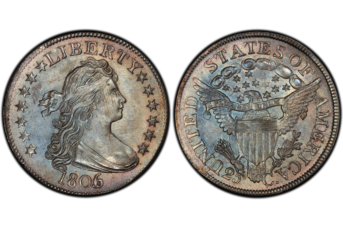 La serie Draped Bust, particularmente los ejemplares acuñados durante la transición entre 1805 y 1806 en la Casa de la Moneda de Filadelfia, se convirtió en piezas valiosas en el mercado de subastas