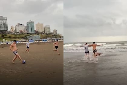 La simulación del gol de Ángel Di María y el festejo de unos amigos en una playa de la Costa Atlántica