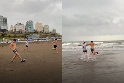 La simulación del gol de Ángel Di María y el festejo de unos amigos en una playa de la Costa Atlántica