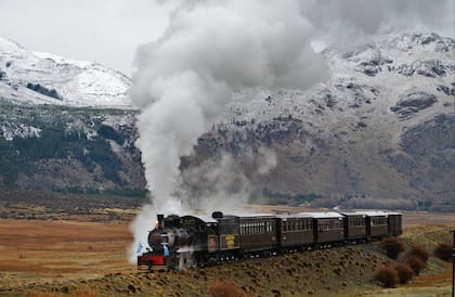 La singular Trochita avanza por la estepa de Chubut.