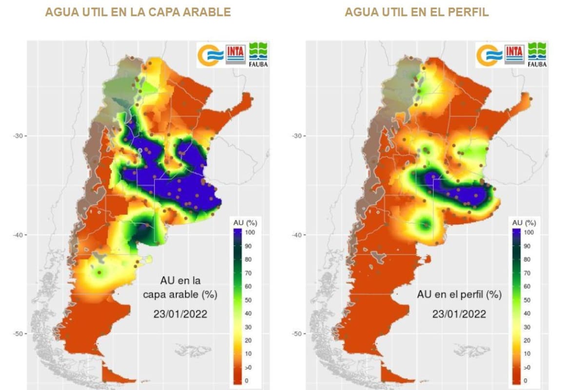 La situación hídrica tras las lluvias. A la izquierda agua útil en la capa arable, a la derecha agua útil en el perfil