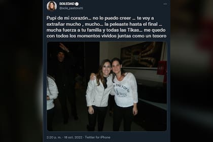 La Sole compartió su tristeza por la partida de Pupi (Foto: Twitter @sole_pastorutti)