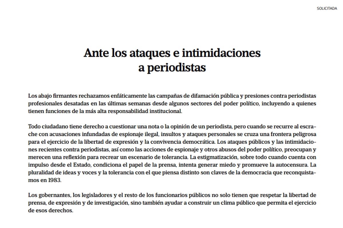 La solicitada firmada por periodistas de los principales diarios advierte sobre los ataques e intimidaciones de los últimos meses