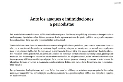 La solicitada firmada por periodistas de los principales diarios advierte sobre los ataques e intimidaciones de los últimos meses