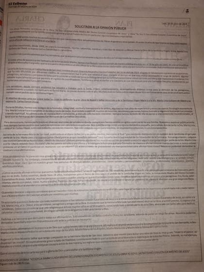 La solicitada fue publicada este domingo en medios de Salta