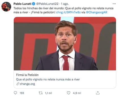 La solicitud de change.org que compartió Lunati para que Vignolo no relate más partidos de River