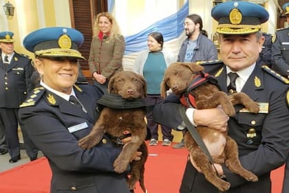 La subjefa y el jefe de la Policía Federal, comisario general Mabel Franco y comisario general Néstor Roncaglia, respectivamente, con dos de los perros