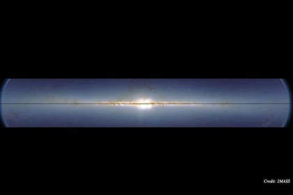 La sutil deformación de la Vía Láctea se vuelve clara al reflejar la galaxia sobre sí misma en este gif basado en imágenes 2MASS