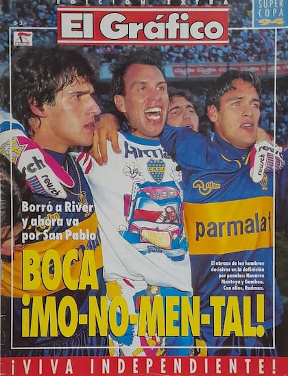 La tapa de El Gráfico, suplemento extra de la Supercopa 94, dedicada a Boca. Navarro Montoya con los guantes Reusch
