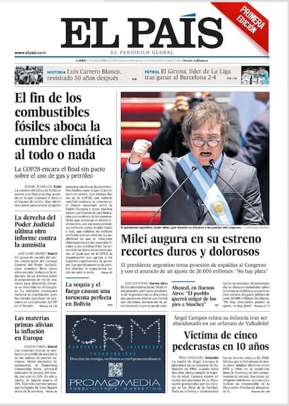 La tapa de la edición impresa de el diario El País: "Milei augura en su estreno recortes duros y dolorosos", tituló