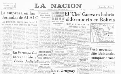 La tapa de La Nación del 10 de octubre de 1967, la primera publicación tras la muerte del Che