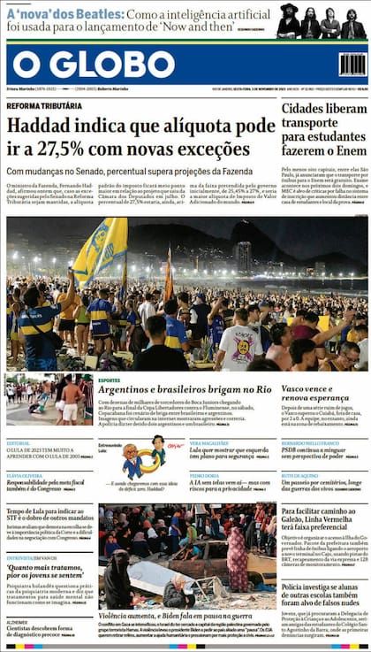 La tapa de O Globo, uno de los principales diarios de Brasil, refleja la presencia de los hinchas de Boca en Río de Janeiro