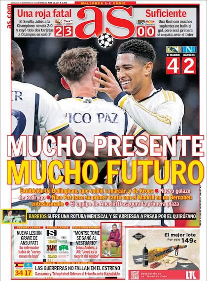 La tapa del diario AS con el festejo del gol de Nico Paz