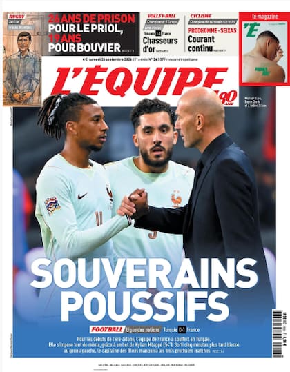 La tapa del diario deportivo L'Equipe, con el foco principal en el estreno de Zidane en la selección de fútbol y, arriba, las penas para los asesinos del ex rugbier argentino.