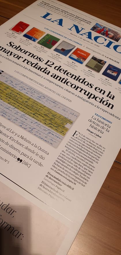 La tapa del diario LA NACION del 2 de agosto de 2018, compartida por el autor de la minuciosa investigación de los cuadernos de la corrupción