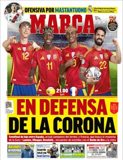 La tapa del diario Marca de este jueves, con el título relacionado a Franco Mastantuono en la parte superior