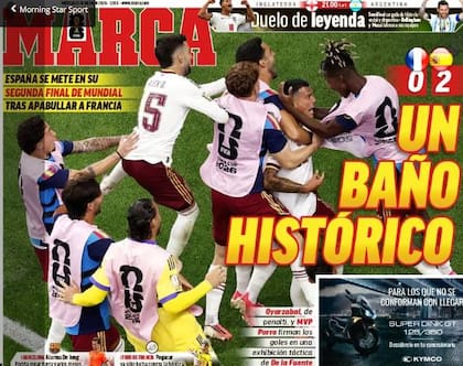 Las tapas de los diarios de Francia tras la dura derrota ante España 10 La tapa del diario Marca tras la inobjetable victoria de España ante Francia.