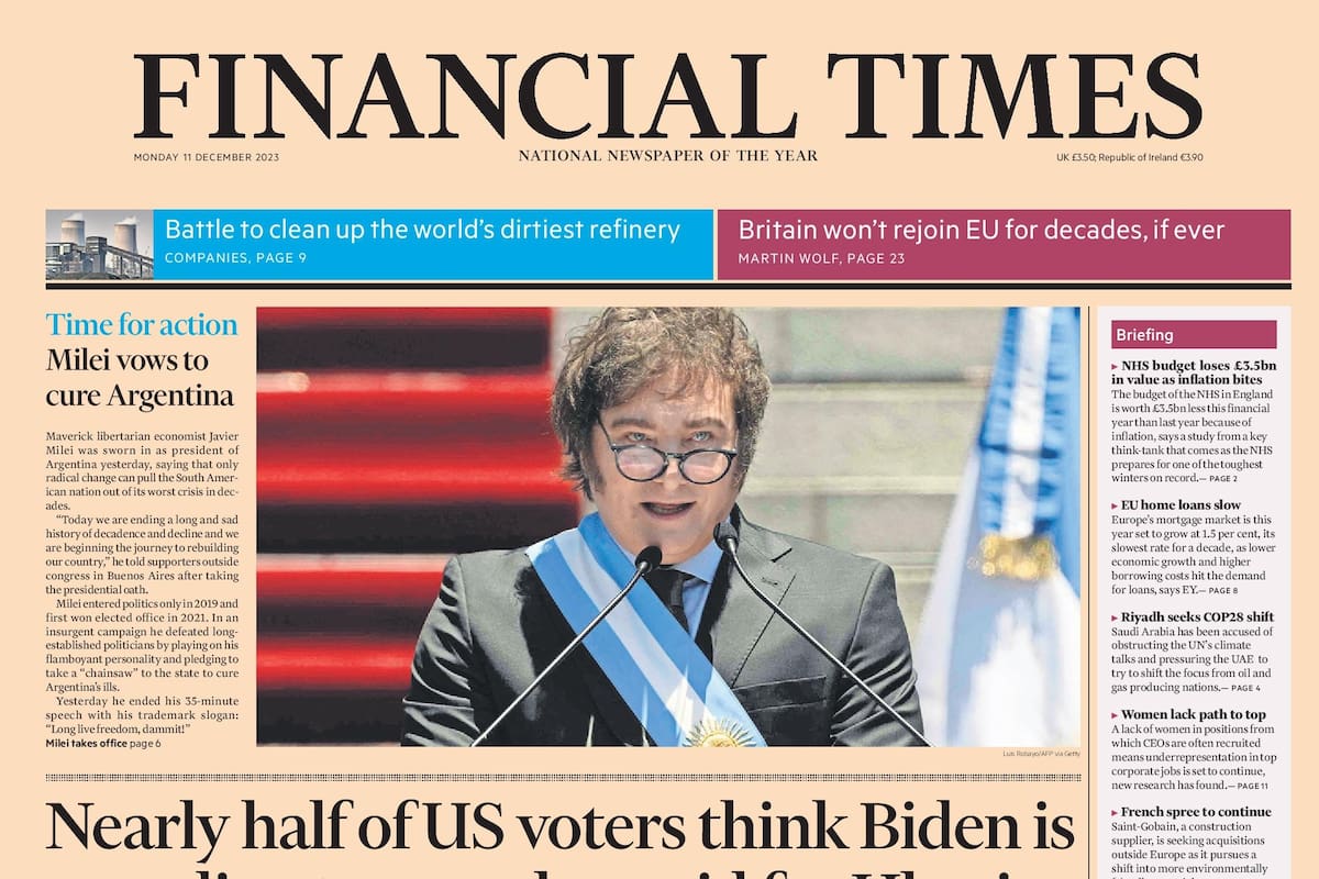 La tapa del lunes 11 de diciembre del diario británico Financial Times