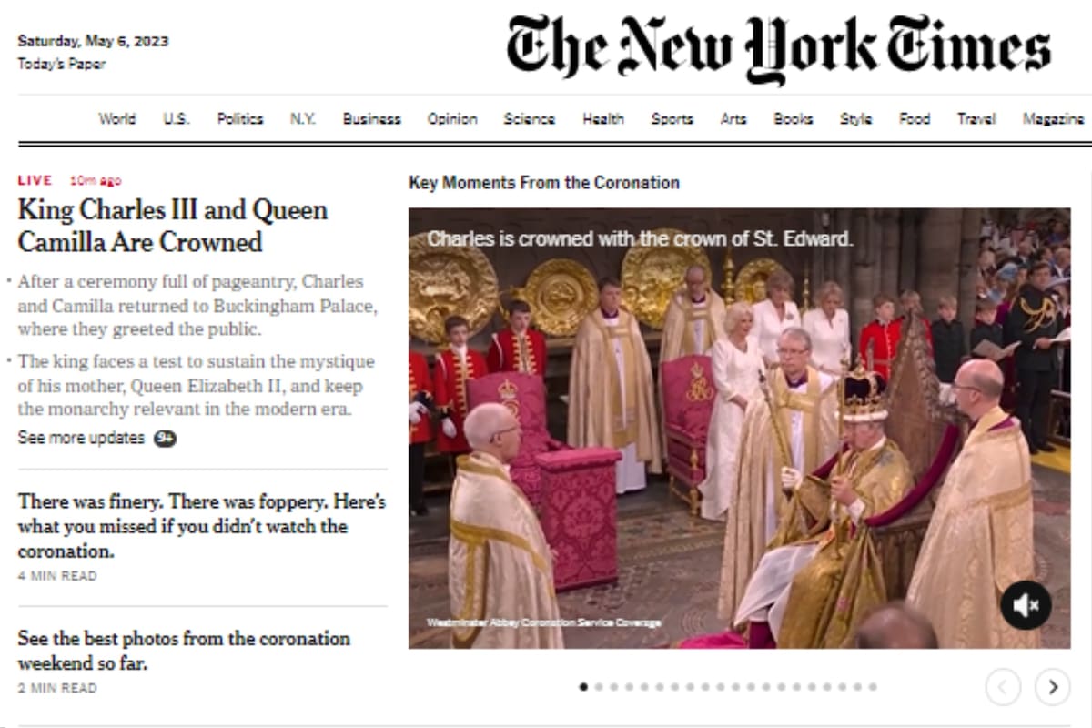 La tapa digital del diario estadounidense The New York Times, el sábado 6 de mayo de 2023, durante la ceremonia de coronación del rey Carlos III, en Londres
