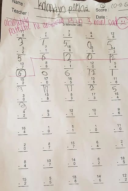 La tarea de Kamdyn en la que su maestra dejó un desagradable mensaje