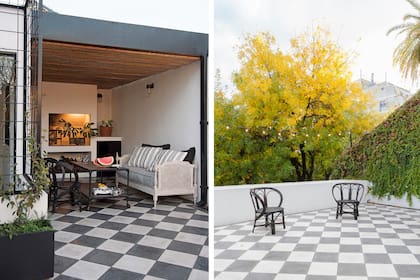 La terraza con piso de calcáreos en damero tiene una pérgola para la pequeña parrilla/chimenea, pero es sobre todo un fantástico mirador en un barrio verde y tranquilo.