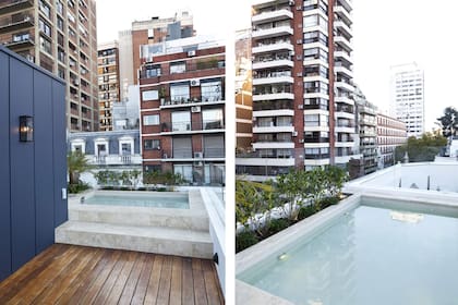 La terraza también tiene pileta revestida en Travertino. Está junto a nuevo volumen y tiene vista tanto al patio como a los edificios de San Martín de Tours.