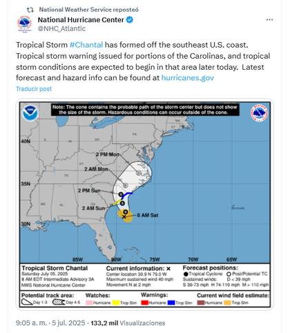 La tormenta tropical Chantal se formó en la costa sureste de EE.UU.