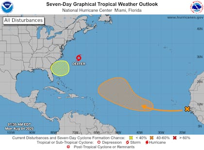 La tormenta tropical Dexter avanza hacia el noreste en el Atlántico con vientos de 74 km/h, sin amenaza directa a tierra pero con condiciones marítimas peligrosas