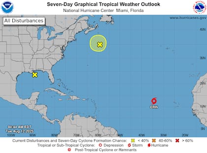 La tormenta tropical Erin se intensifica en el Atlántico: con vientos de 74 km/h y rachas de 93 km/h, el NHC prevé que alcance 176 km/h para el sábado mientras avanza hacia el noroeste