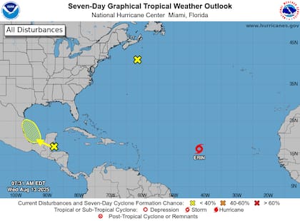 La tormenta tropical Erin, ubicada a 16.5°N y 41.9°O, avanza hacia el oeste a 31 km/h con vientos de 74 km/h, y podría intensificarse hasta 185 km/h para el domingo