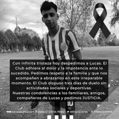 La trágica muerte de Lucas González se confirmó hoy pasadas las 17, y desde el club Barracas manifestaron su profundo pesar