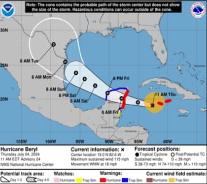 La trayectoria esperada para el Huracán Beryl en los próximos días