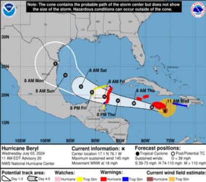 La trayectoria estimada para el Huracán Beryl prevé un paso por Texas