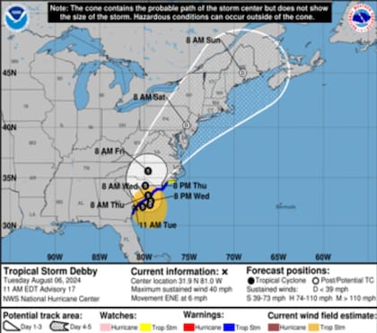 La trayectoria prevista para Debby en los próximos días