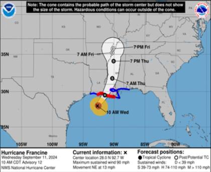 La trayectoria prevista para el huracán Francine