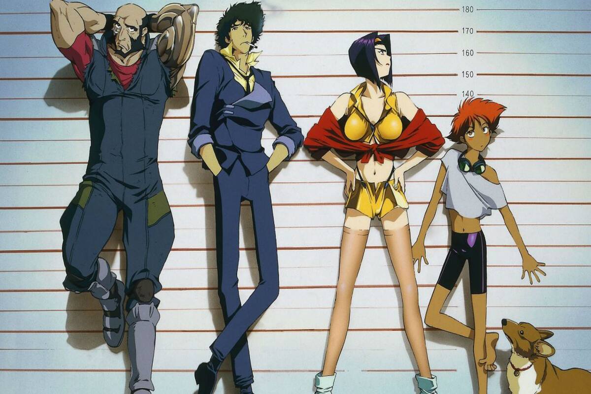 La tripulación de la Bebop. De derecha a izquierda: Jet Black, Spike, Faye, Ed y Ein