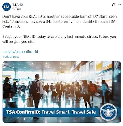 La TSA recordó a los viajeros que en febrero se comenzará a cobrar una tarifa especial (X @TSA)