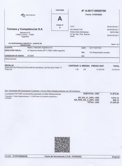 La TV Pública pagó la factura A-0017-5190 por 27.245,28 dólares, de un servicio a Torneos y Competencias en el que se contempla el trabajo periodístico de uno de los empleados del canal que viajó a cubrir el sorteo