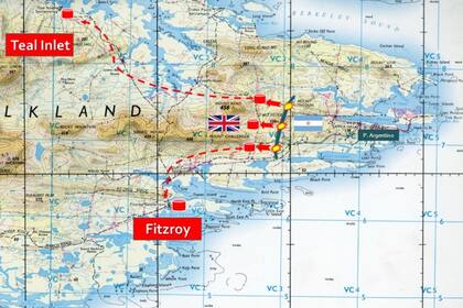 La ubicación de los hospitales militares ingleses con el recorrido desde Mont Longdon