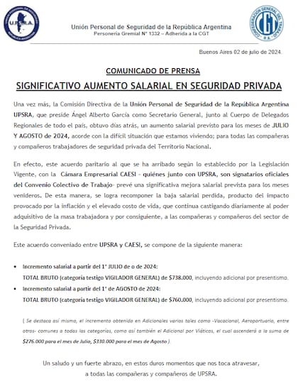 La UPSRA firmó un acuerdo paritario para el personal de seguridad privada en julio y agosto