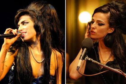 La verdadera Amy Winehouse actuando en 2008 (izquierda) y la actriz Marisa Abela interpretando a la cantante en la película