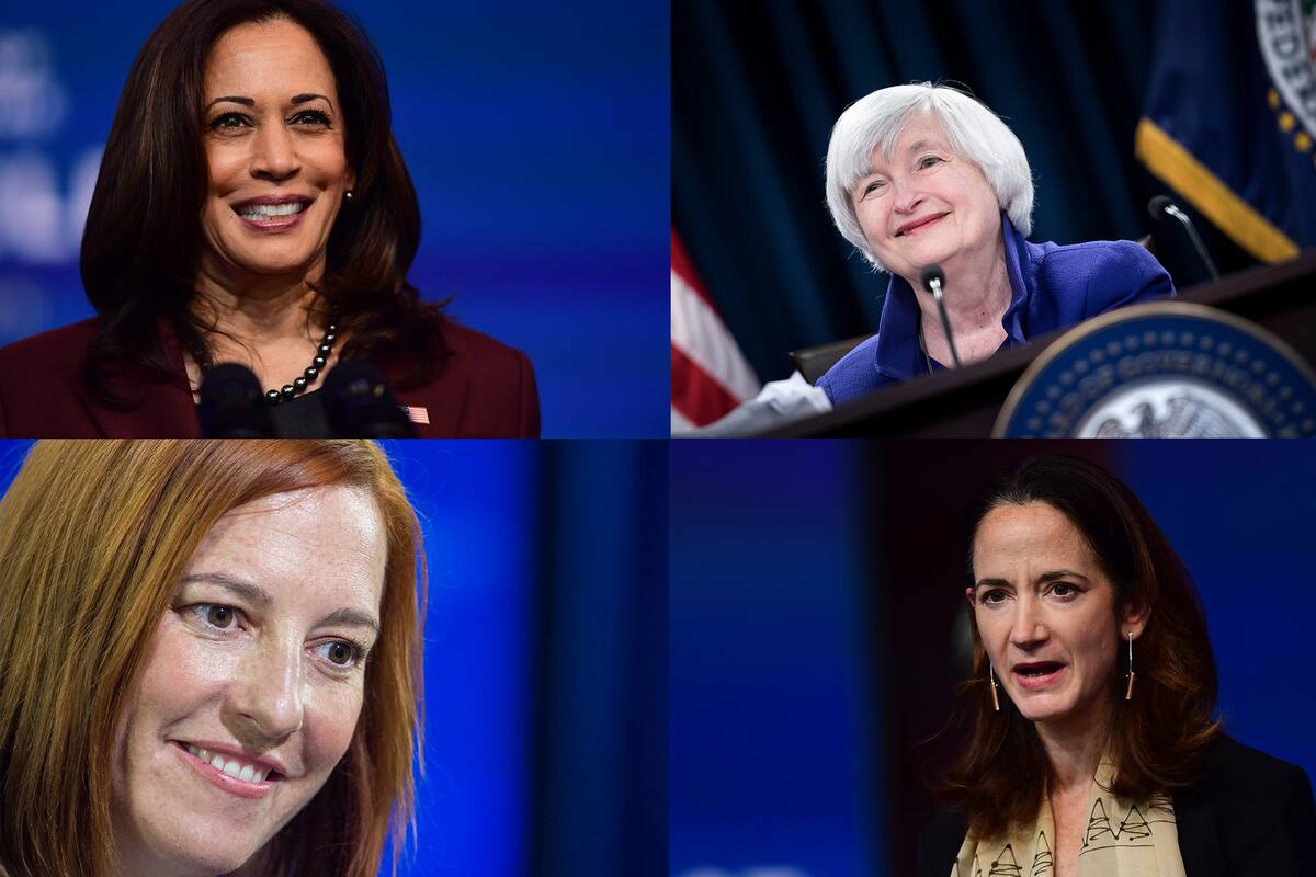 La vicepresidenta electa de Estados Unidos, Kamala Harris; la nueva directora del Departamento del Tesoro, Janet Yellen; la próxima secretaria de prensa, Jen Pskai; y Avril Haines, quien estará al frente de la Comunidad de Inteligencia