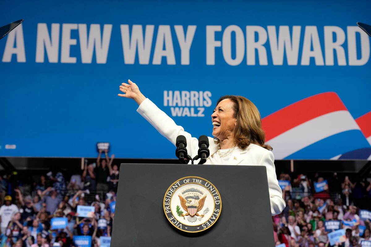 La vicepresidenta Kamala Harris, candidata demócrata a la presidencia de Estados Unidos, habla el jueves 29 de agosto de 2024 en un mitin de campaña en Savannah, Georgia. El letrero dice: "Un nuevo camino hacia adelante". (AP Foto/Jacquelyn Martin)