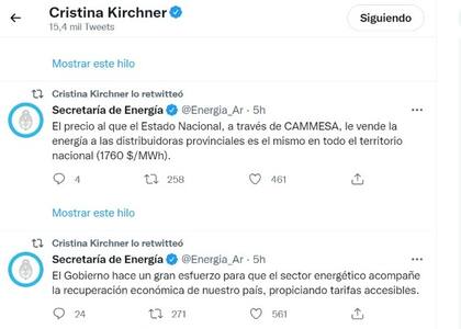 La vicepresidenta retuiteó publicaciones de la Secretaría de Energía sobre la queja del gobierno de Córboba por las tarifas del servicio eléctrico