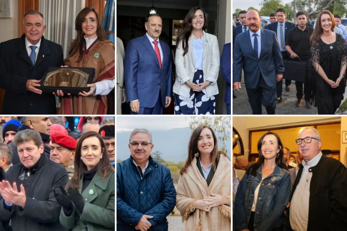 La vicepresidenta Victoria Villarruel junto a los gobernadores Osvaldo Jaldo (Tucumán), Ricardo Quintela (La Rioja), Gildo Insfrán (Formosa), Gustavo Melella (Tierra del Fuego), Raúl Jalil (Catamarca) y Hugo Passalacqua (Misiones)