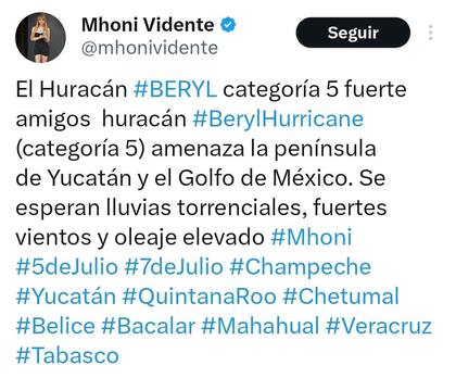 La vidente Mhoni Vidente asegura haber anticipado la llegada del huracán Beryl