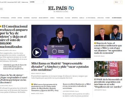 La visita de Milei acapara títulos en El País en la mañana del miércoles