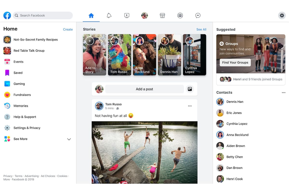 La vista de Facebook en el escritorio con el nuevo rediseño; estará listo en unos meses, porque primero llegará a la versión móvil