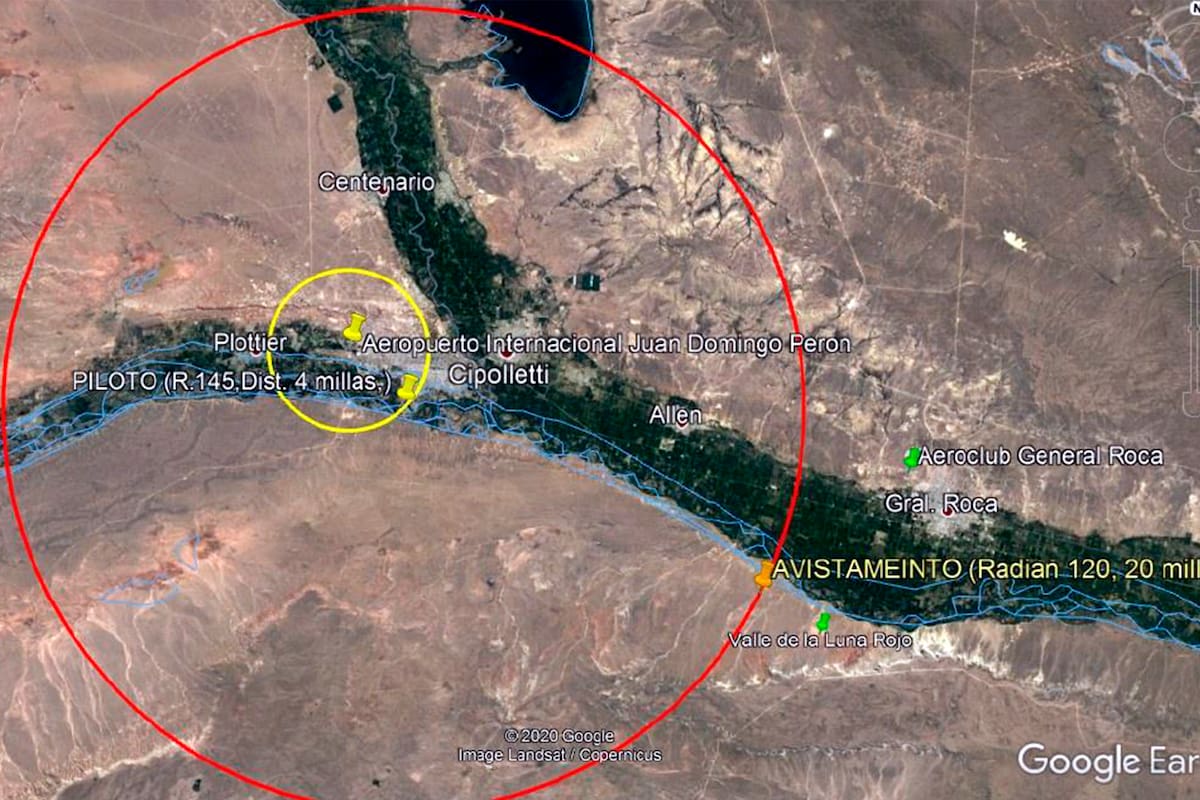 La zona del avistamiento de luces en agosto 2020, en las inmediaciones del aeropuerto internaconal de la provincia del Neuquén.